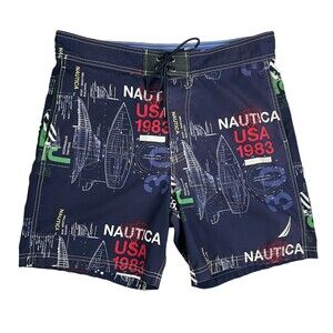 Nautica Men's Blue Nautical Print Board Short Boardshorts w Mesh Lining Size M